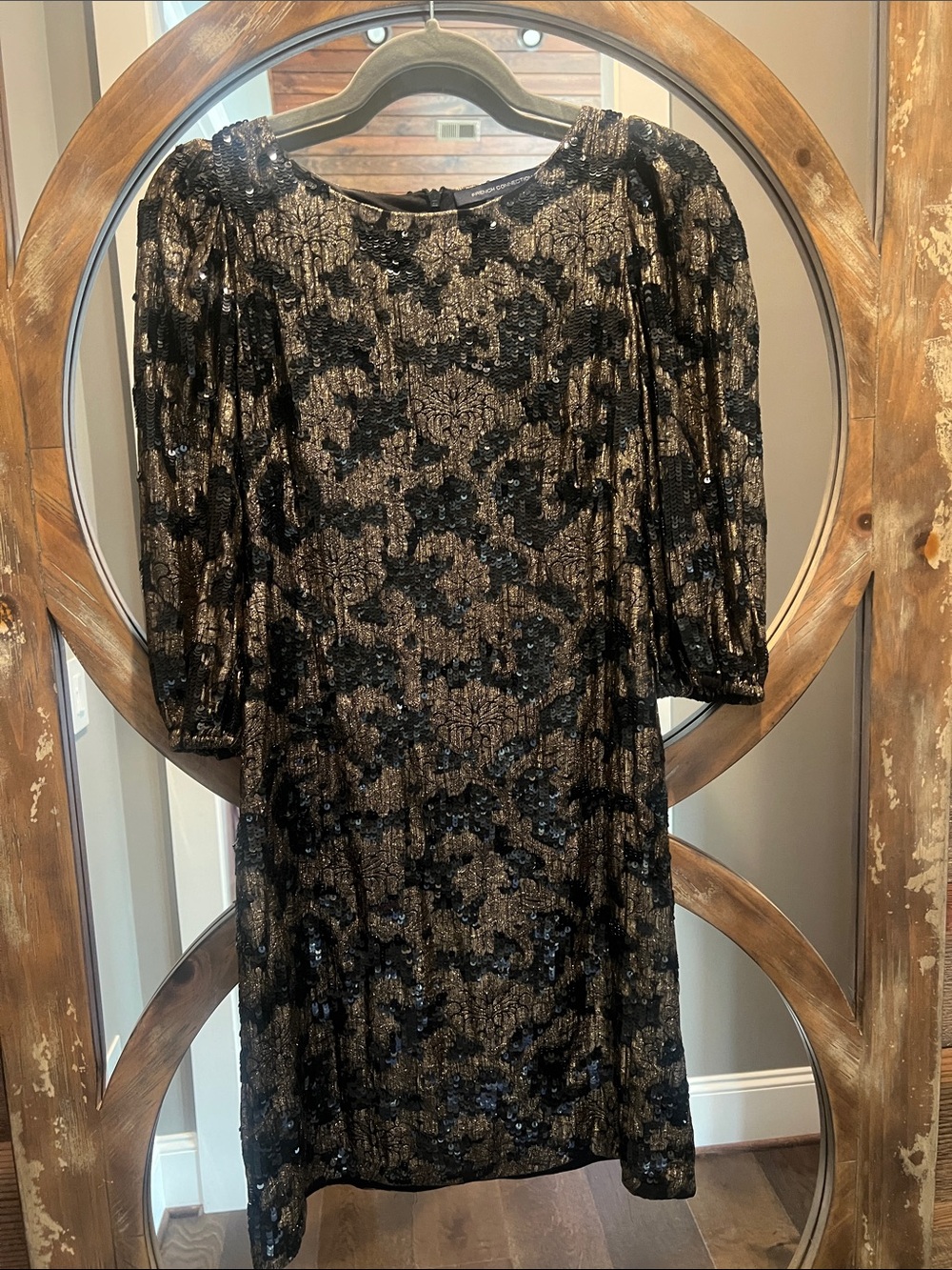 French Connection Black and Gold Sequin Long-Sleeve Dress